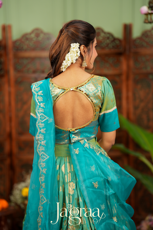 Pagnapriya | Teal Green & Golden Designer Lehenga Set