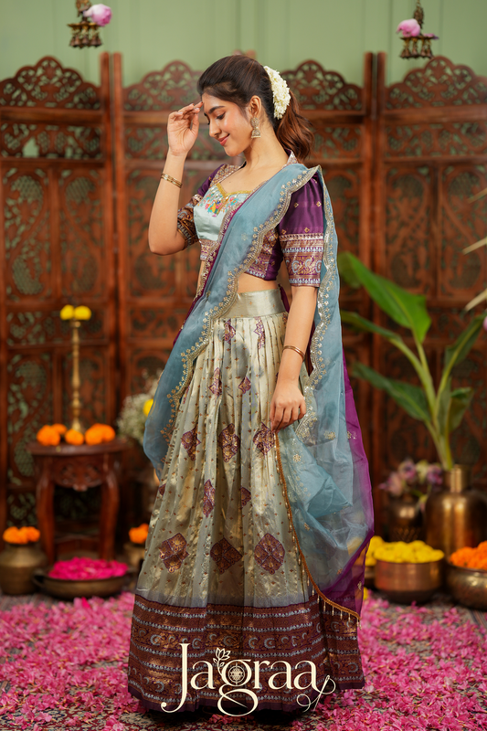Pagnasundari | Ivory / Cream with Purple Premium Silk Lehenga Set