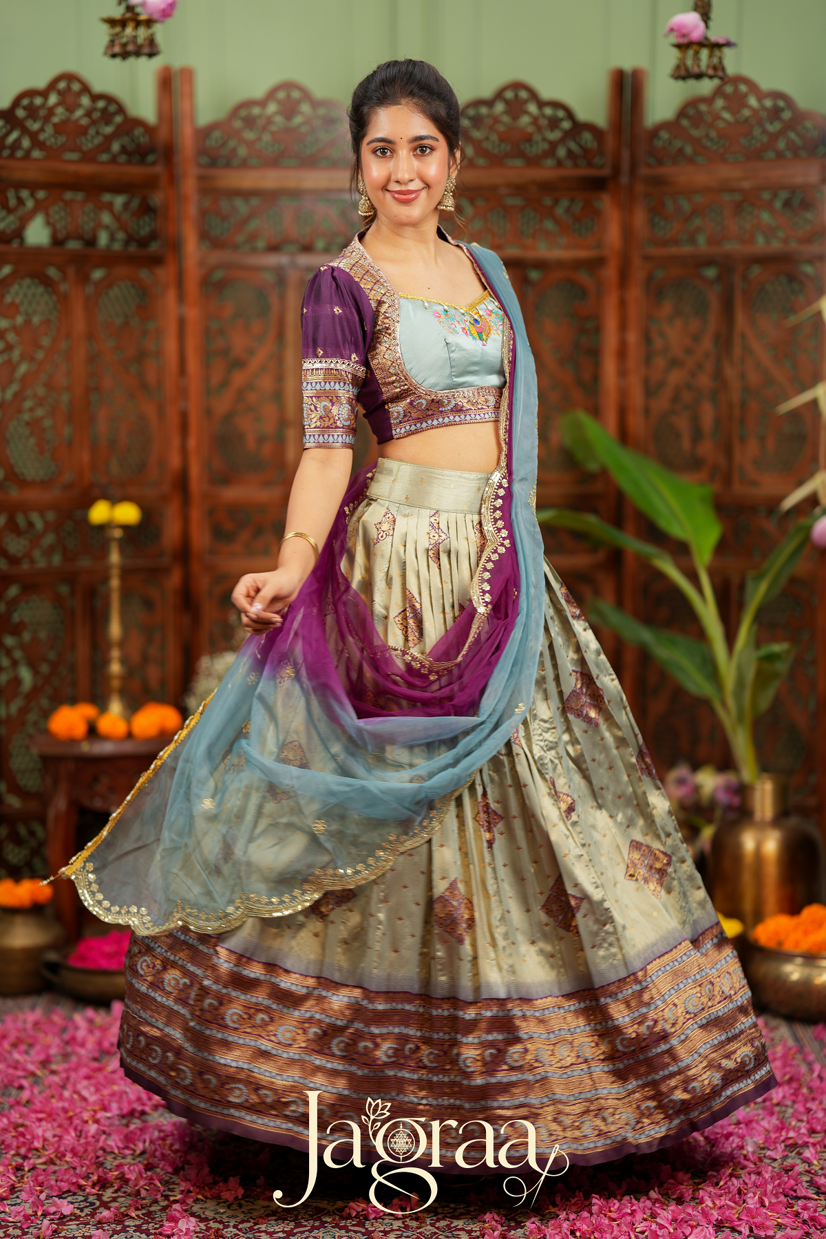 Pagnasundari | Ivory / Cream with Purple Premium Silk Lehenga Set