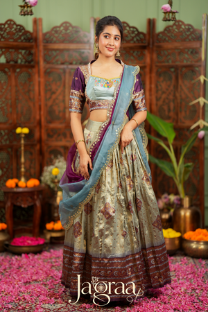 Pagnasundari | Ivory / Cream with Purple Premium Silk Lehenga Set