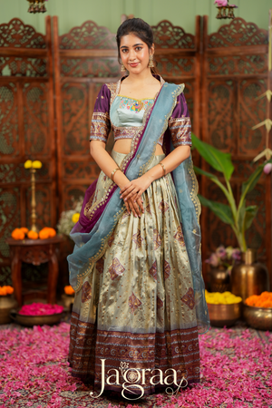 Pagnasundari | Ivory / Cream with Purple Premium Silk Lehenga Set