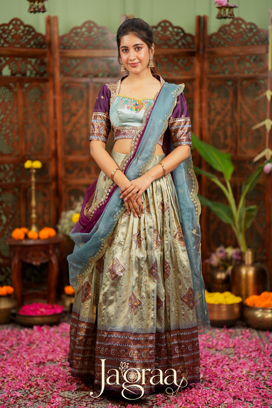 Pagnasundari | Ivory / Cream with Purple Premium Silk Lehenga Set