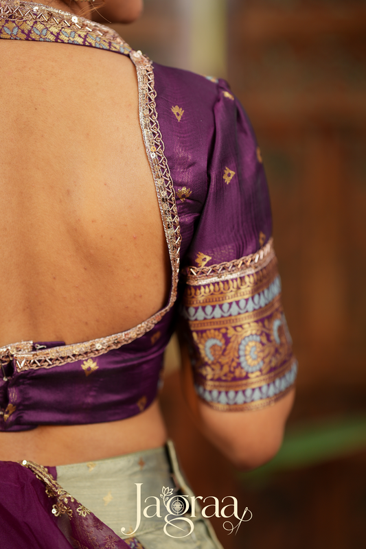 Pagnasundari | Ivory / Cream with Purple Premium Silk Lehenga Set