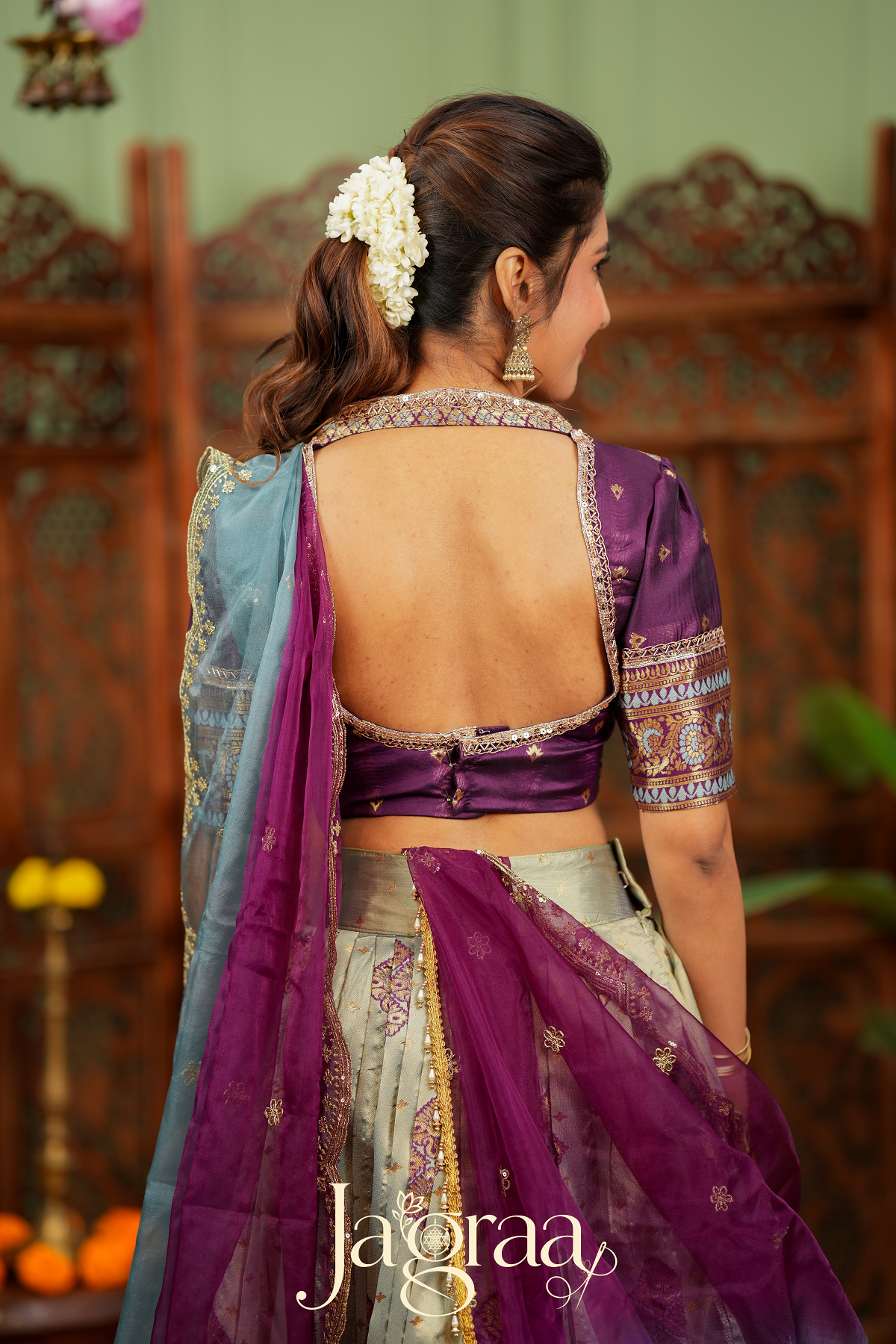 Pagnasundari | Ivory / Cream with Purple Premium Silk Lehenga Set