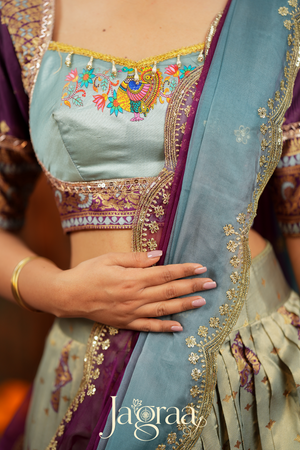 Pagnasundari | Ivory / Cream with Purple Premium Silk Lehenga Set