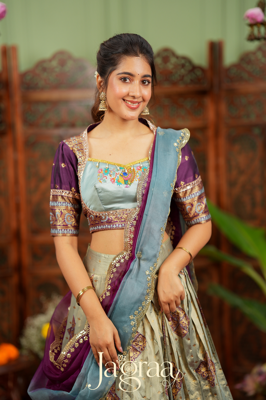 Pagnasundari | Ivory / Cream with Purple Premium Silk Lehenga Set