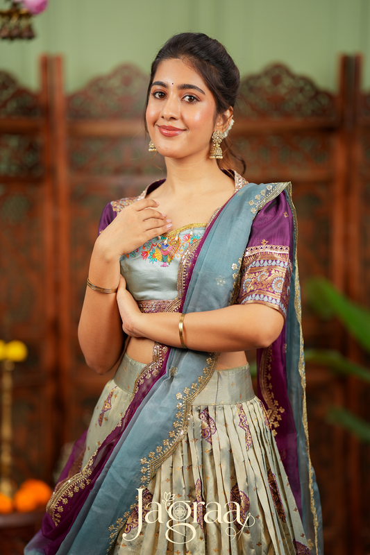 Pagnasundari | Ivory / Cream with Purple Premium Silk Lehenga Set