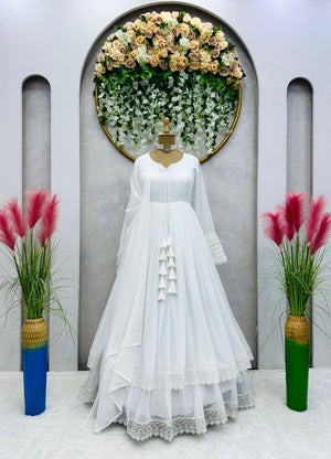 Glorious White Color Lace Work Lovely Long Gown