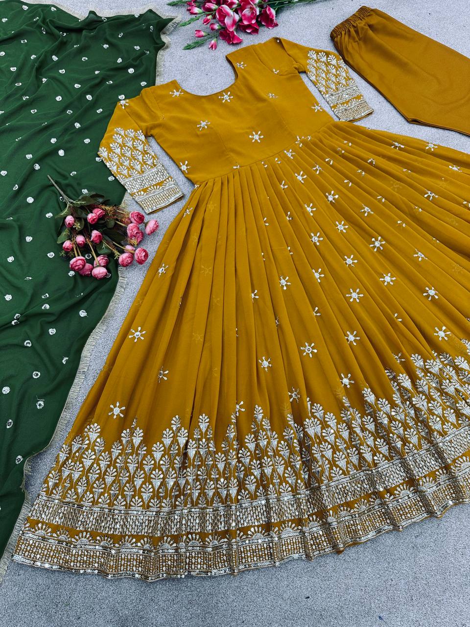 Mustered Color Anarkali Gown With Green Dupatta