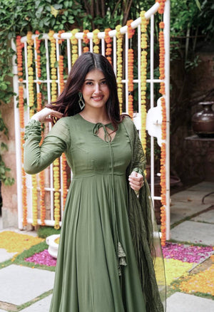Mehndi Color Plain Gown With Heavy Dupatta