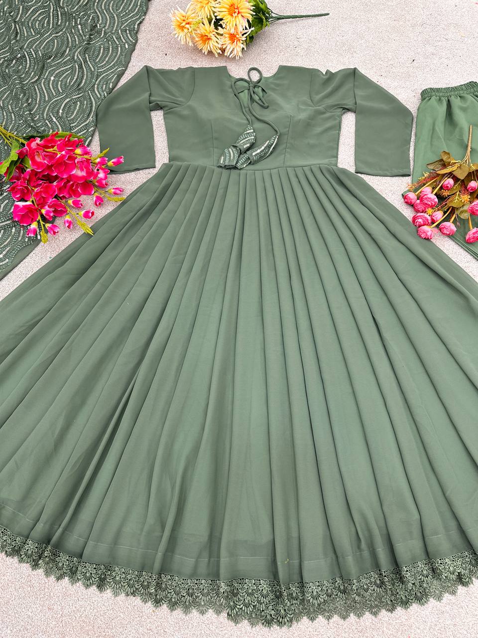 Mehndi Color Plain Gown With Heavy Dupatta