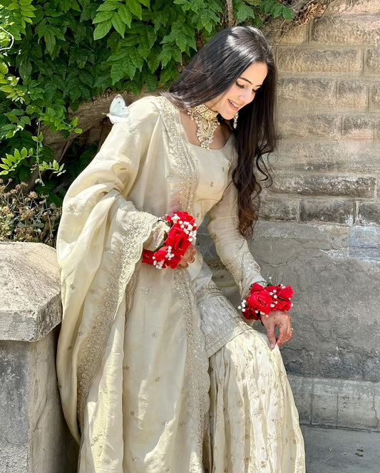 Delightful White Color Georgette Embroidery Work Sharara Suit