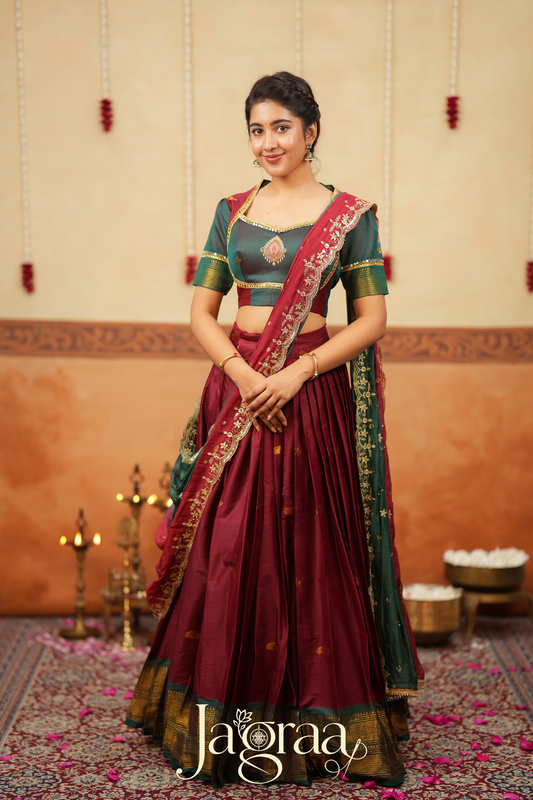 Shubha Handloom Maroon Half Saree Lehenga Set