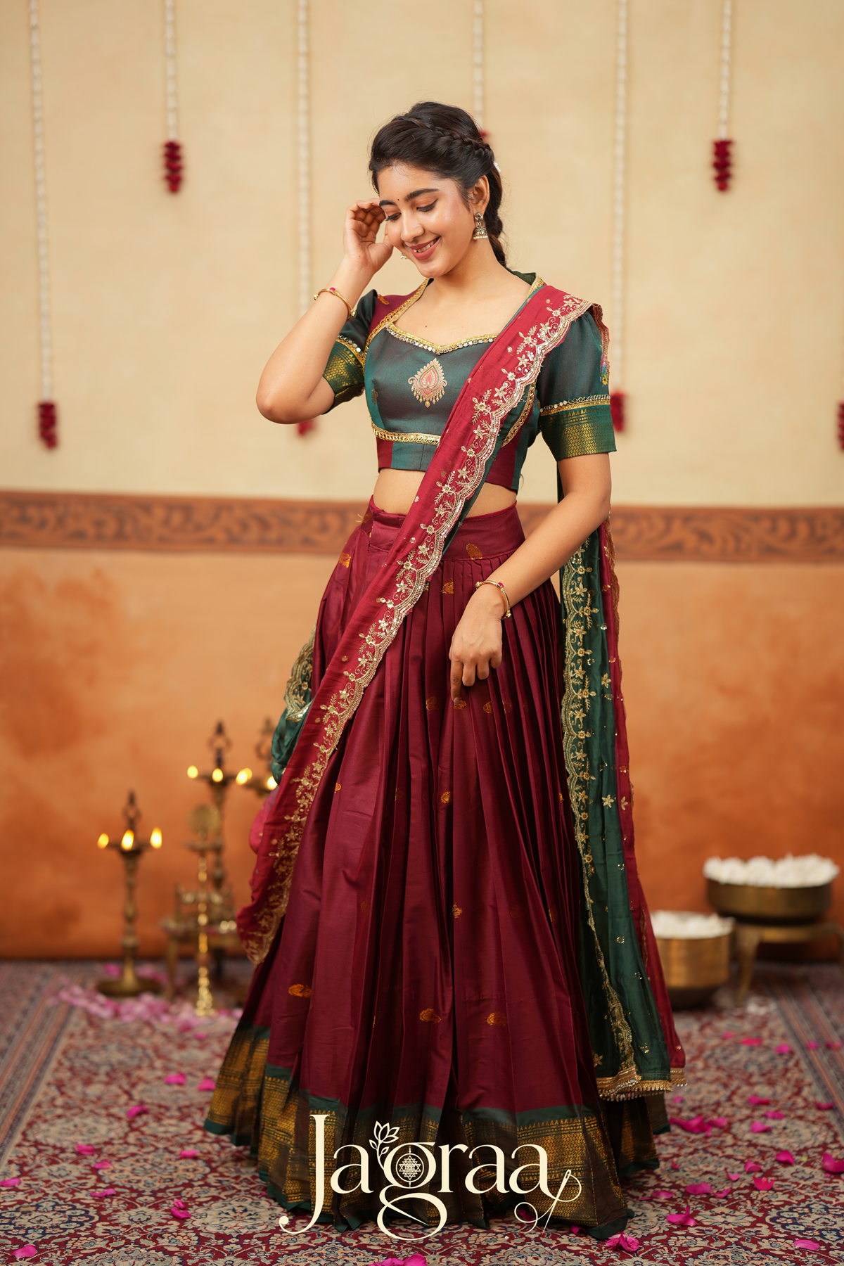 Shubha Handloom Maroon Half Saree Lehenga Set