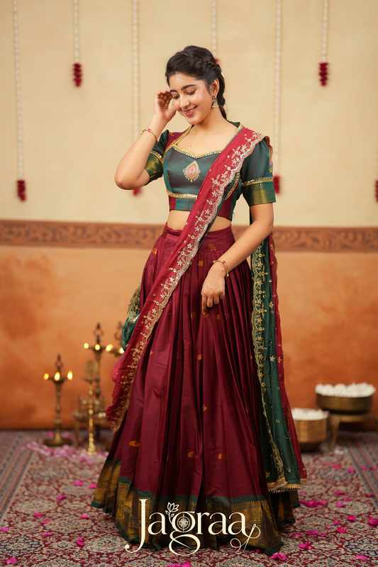 Shubha Handloom Maroon Half Saree Lehenga Set