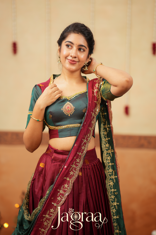 Shubha Handloom Maroon Half Saree Lehenga Set