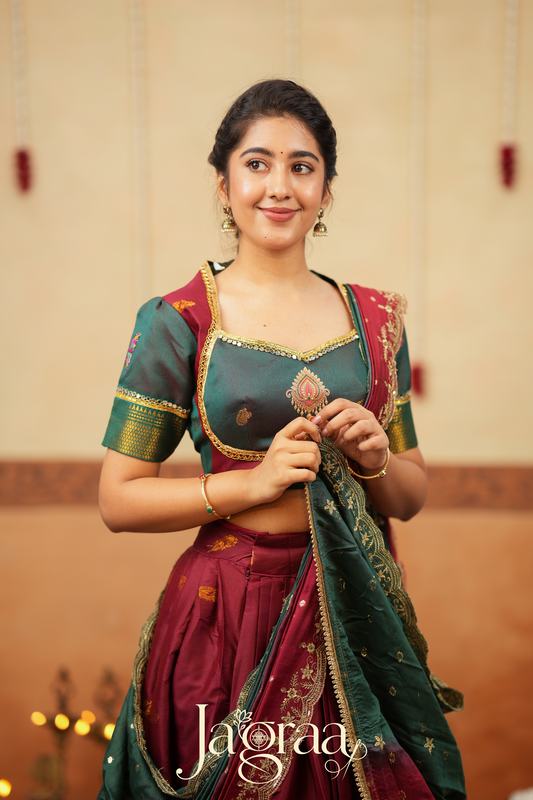 Shubha Handloom Maroon Half Saree Lehenga Set