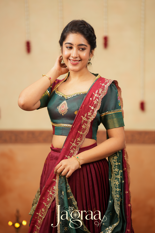 Shubha Handloom Maroon Half Saree Lehenga Set
