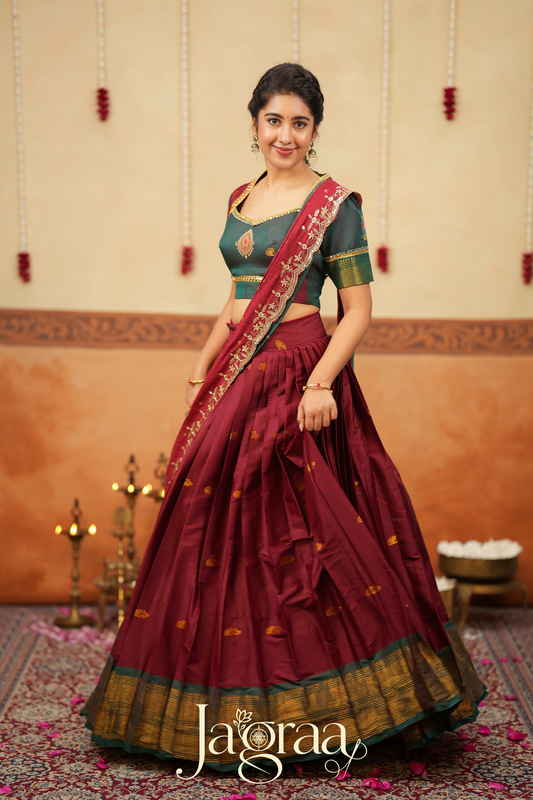 Shubha Handloom Maroon Half Saree Lehenga Set
