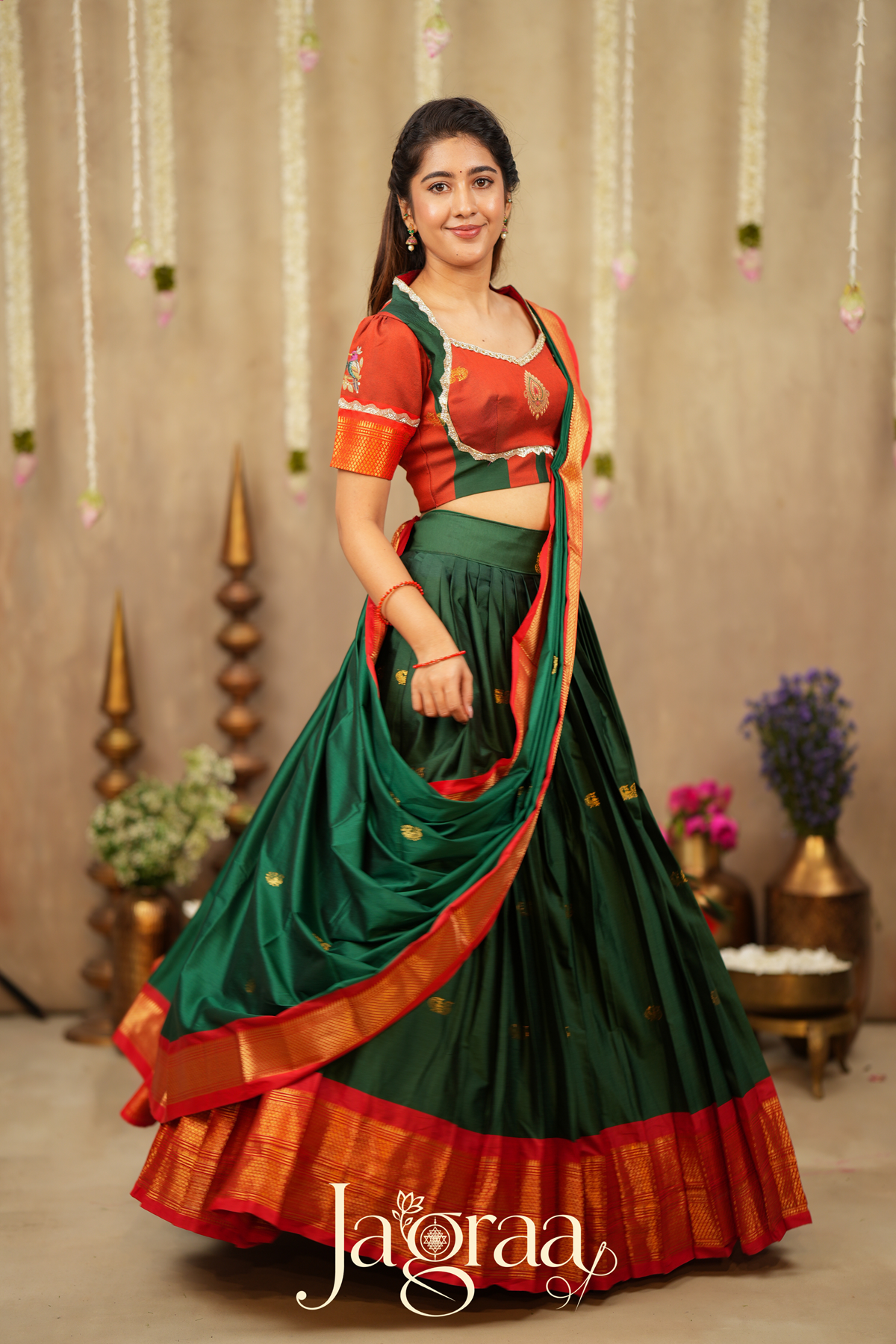 Shubhlaxmi Green 2-In-1 Handloom Half Saree, Lehenga with Blouse