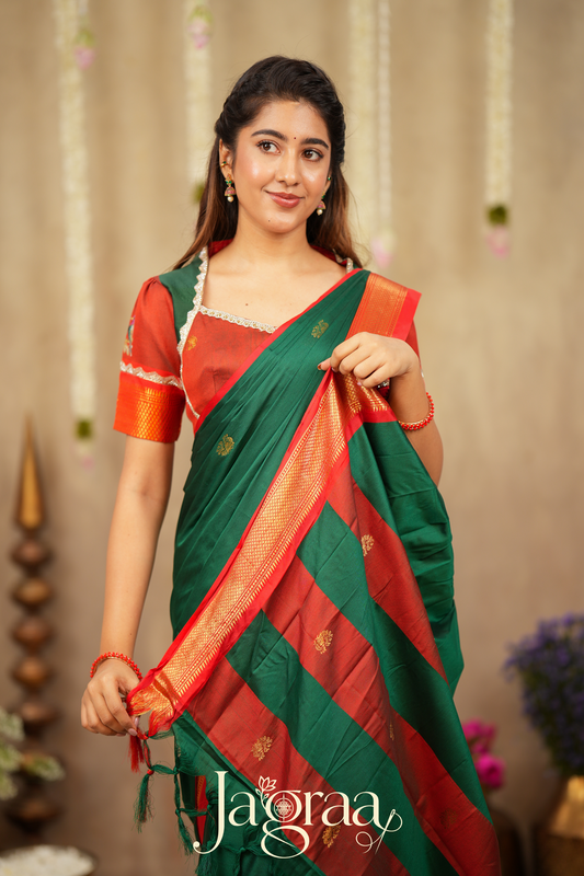 Shubhlaxmi Green 2-In-1 Handloom Half Saree, Lehenga with Blouse