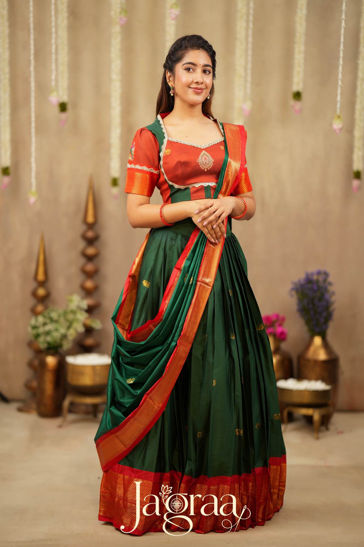 Shubhlaxmi Green 2-In-1 Handloom Half Saree, Lehenga with Blouse