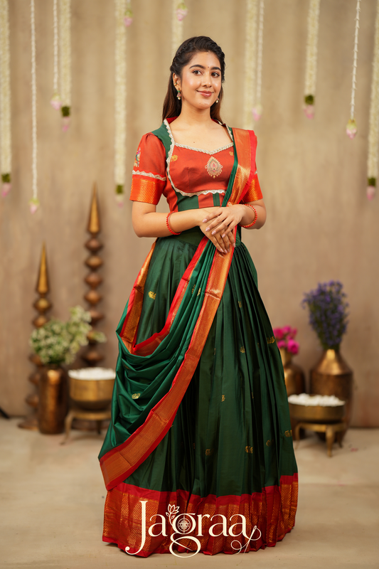 Shubhlaxmi Green 2-In-1 Handloom Half Saree, Lehenga with Blouse
