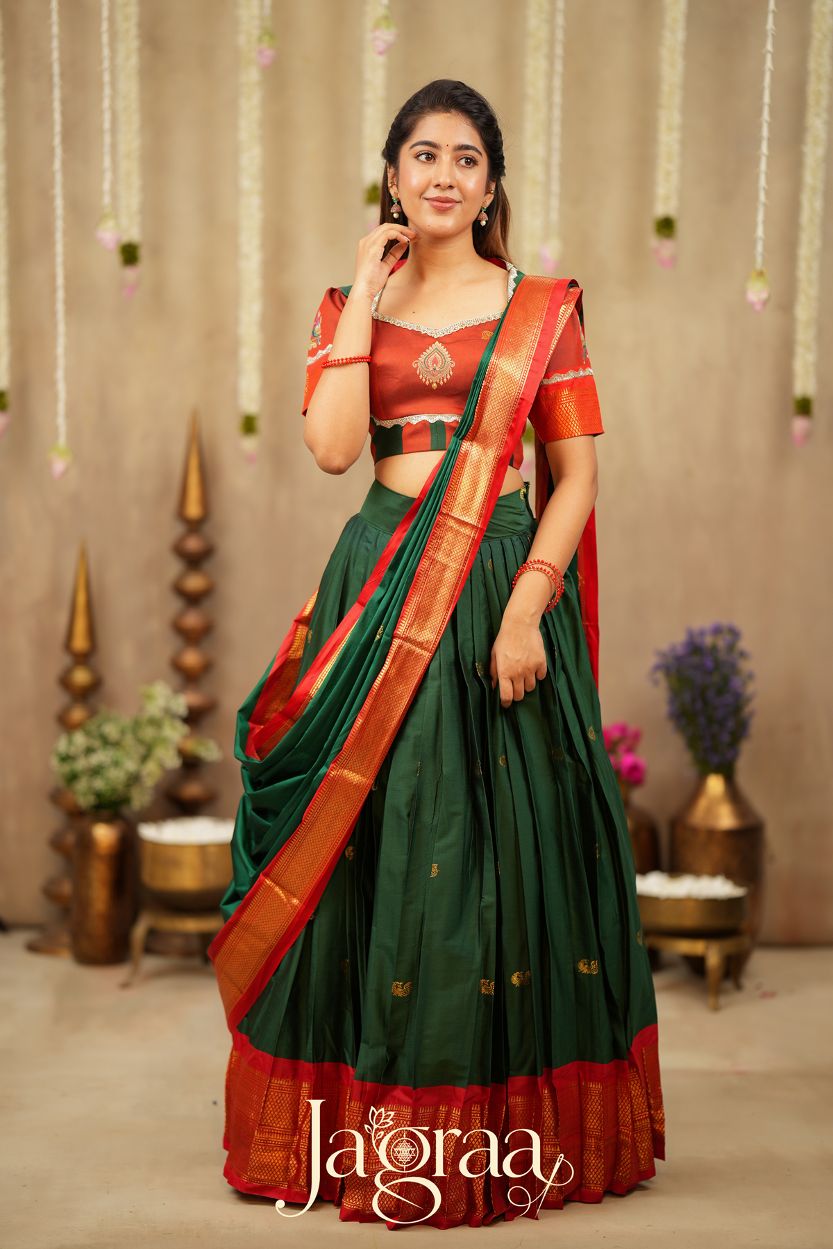 Shubhlaxmi Green 2-In-1 Handloom Half Saree, Lehenga with Blouse
