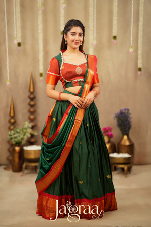 Shubhlaxmi Green 2-In-1 Handloom Half Saree, Lehenga with Blouse
