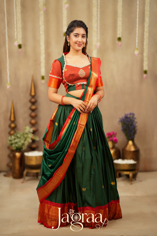 Shubhlaxmi Green 2-In-1 Handloom Half Saree, Lehenga with Blouse