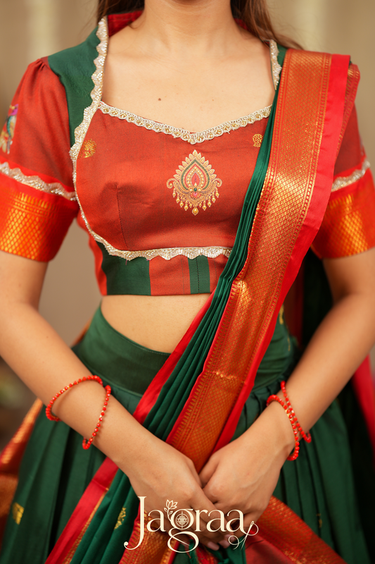 Shubhlaxmi Green 2-In-1 Handloom Half Saree, Lehenga with Blouse
