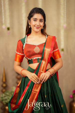 Shubhlaxmi Green 2-In-1 Handloom Half Saree, Lehenga with Blouse
