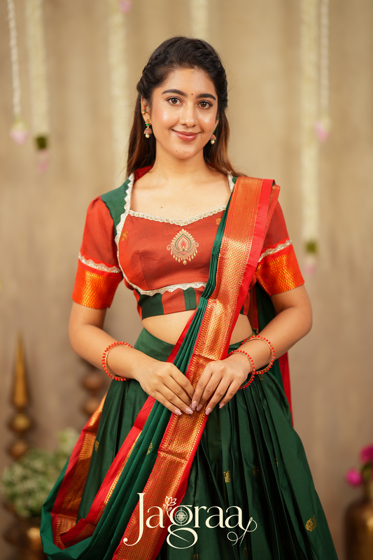 Shubhlaxmi Green 2-In-1 Handloom Half Saree, Lehenga with Blouse