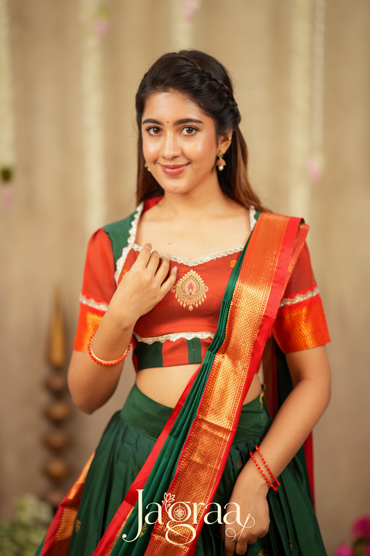 Shubhlaxmi Green 2-In-1 Handloom Half Saree, Lehenga with Blouse