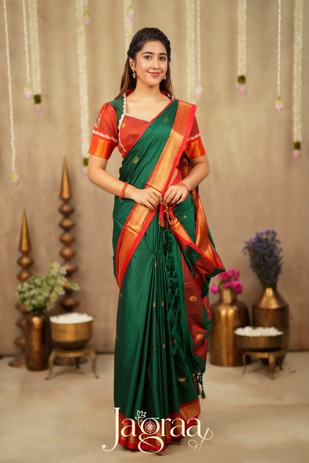 Shubhlaxmi Green 2-In-1 Handloom Half Saree, Lehenga with Blouse