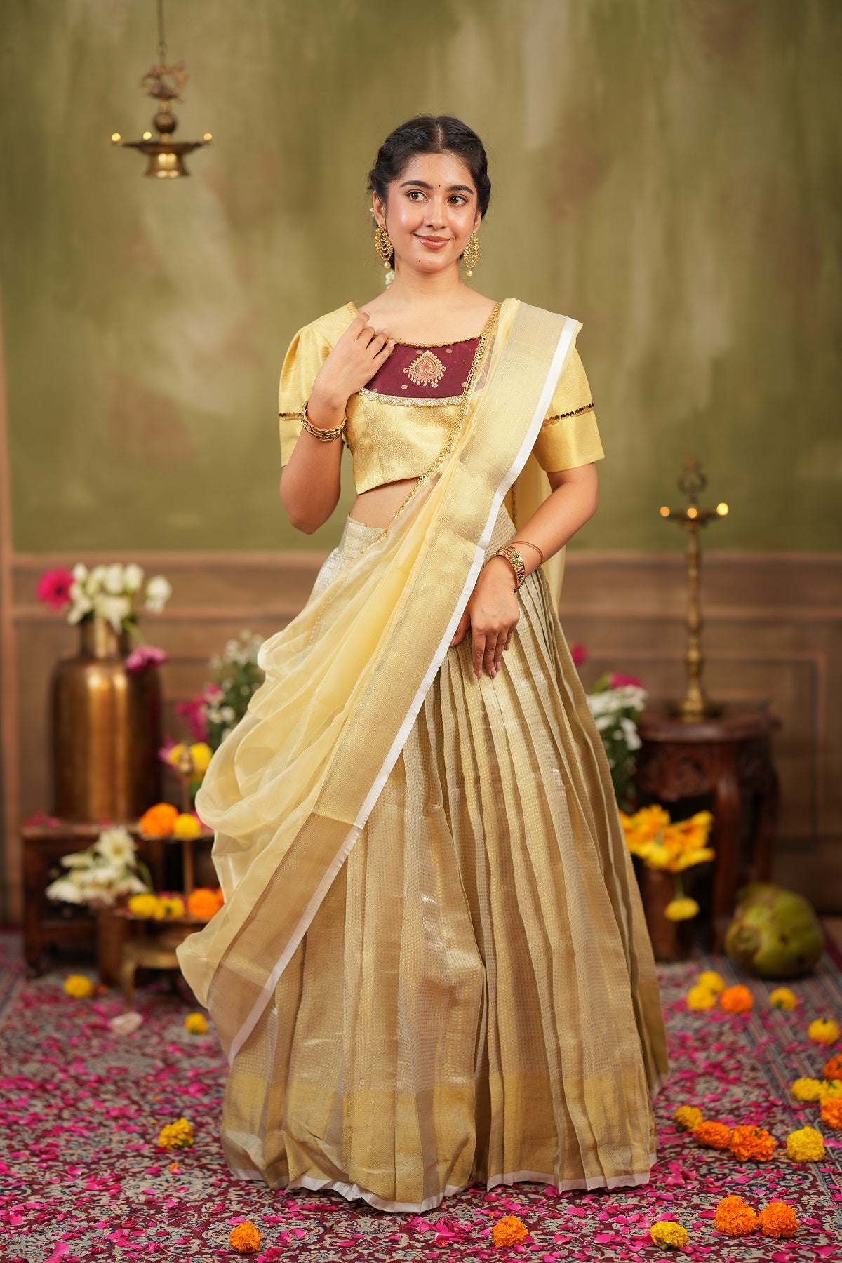 Vishnupriya | Tissue Silk Silver Lehenga Set in Golden For Festive Looks