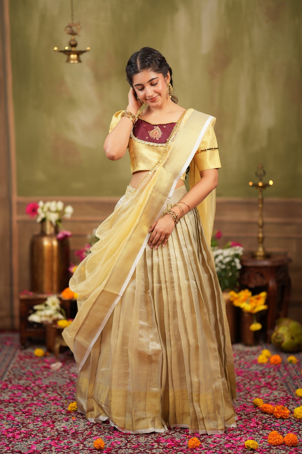 Vishnupriya | Tissue Silk Silver Lehenga Set in Golden For Festive Looks
