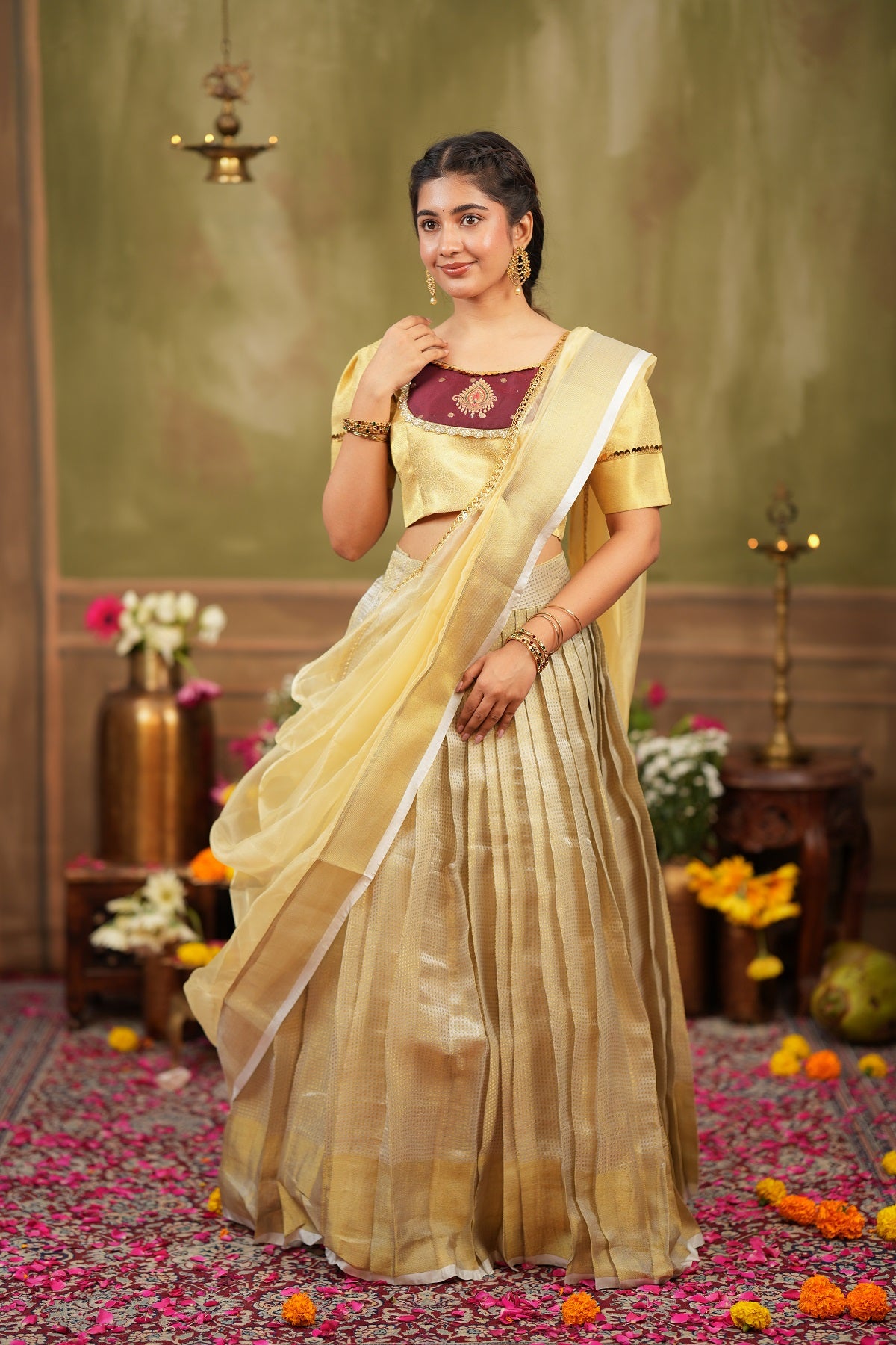 Vishnupriya | Tissue Silk Silver Lehenga Set in Golden For Festive Looks