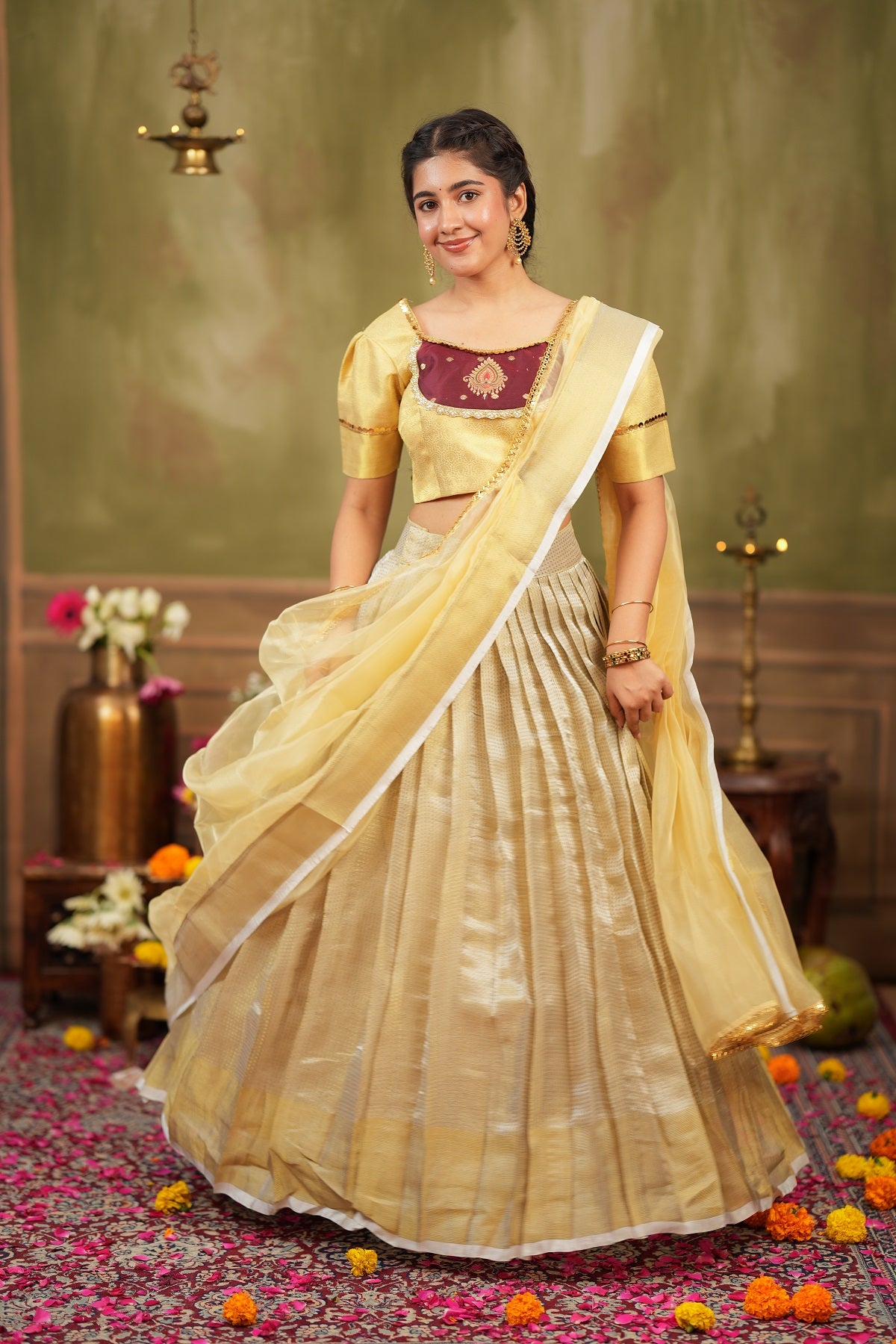 Vishnupriya | Tissue Silk Silver Lehenga Set in Golden For Festive Looks