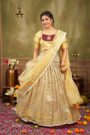 Vishnupriya | Tissue Silk Silver Lehenga Set in Golden For Festive Looks