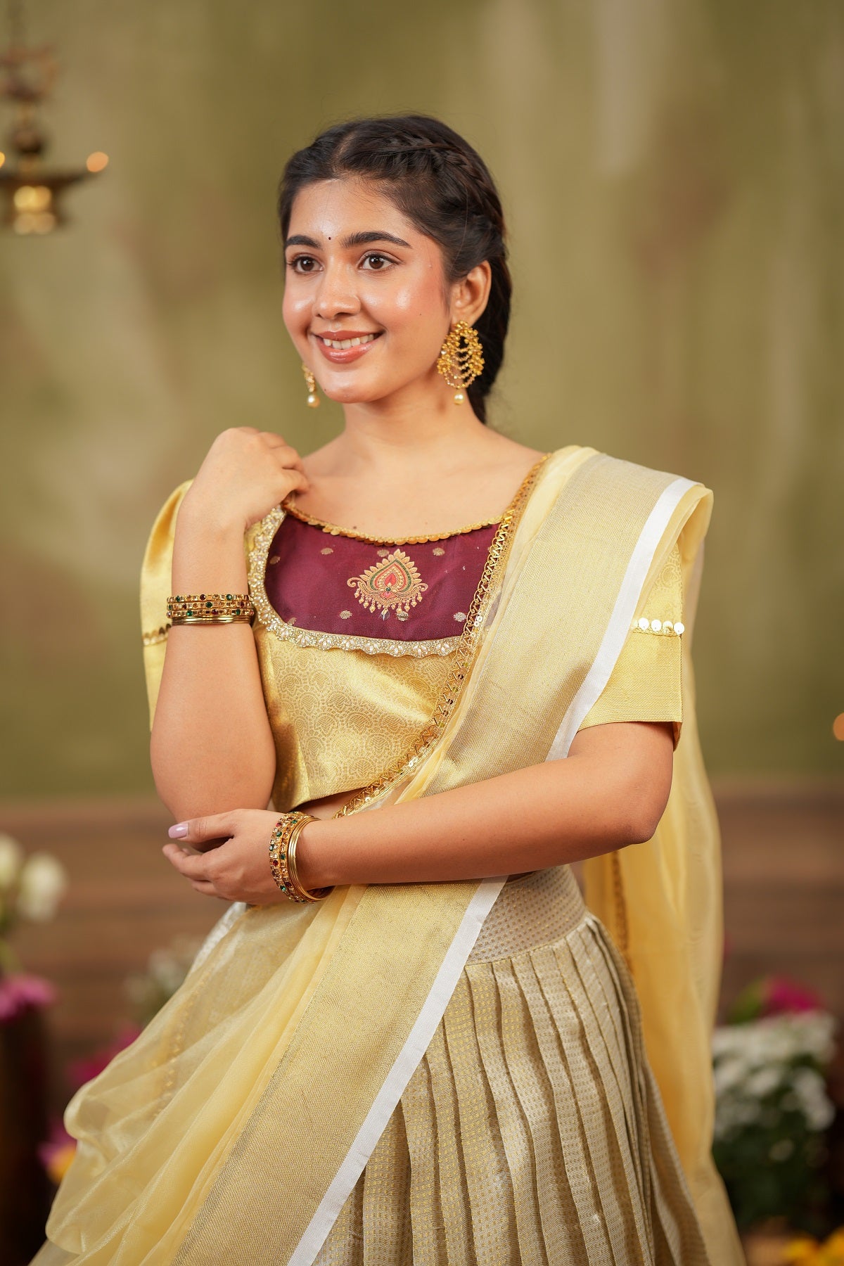 Vishnupriya | Tissue Silk Silver Lehenga Set in Golden For Festive Looks