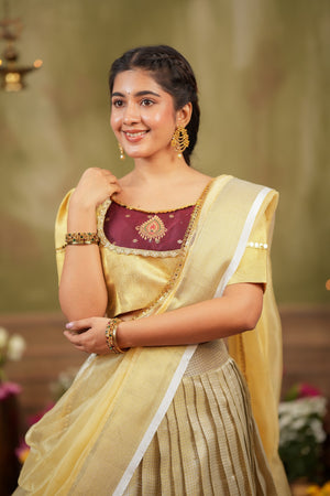 Vishnupriya | Tissue Silk Silver Lehenga Set in Golden For Festive Looks