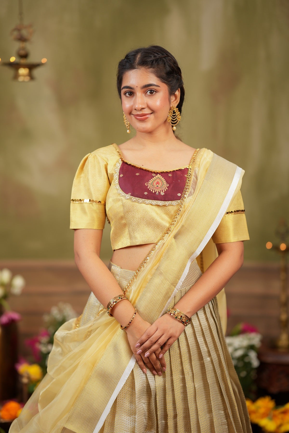 Vishnupriya | Tissue Silk Silver Lehenga Set in Golden For Festive Looks