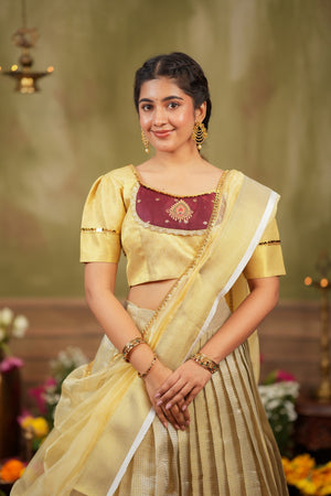 Vishnupriya | Tissue Silk Silver Lehenga Set in Golden For Festive Looks