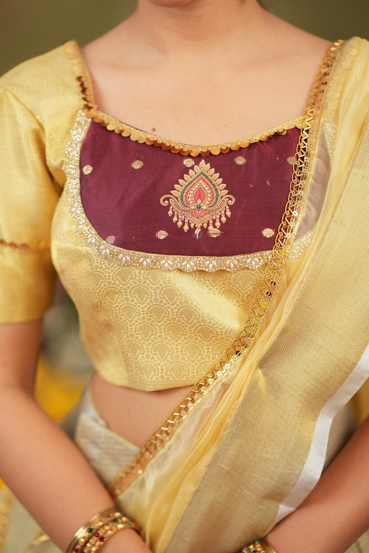 Vishnupriya | Tissue Silk Silver Lehenga Set in Golden For Festive Looks