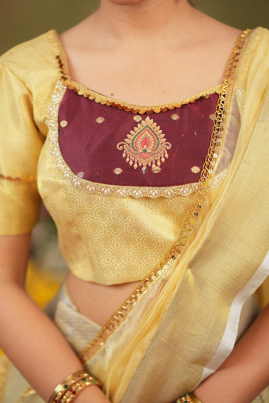 Vishnupriya | Tissue Silk Silver Lehenga Set in Golden For Festive Looks