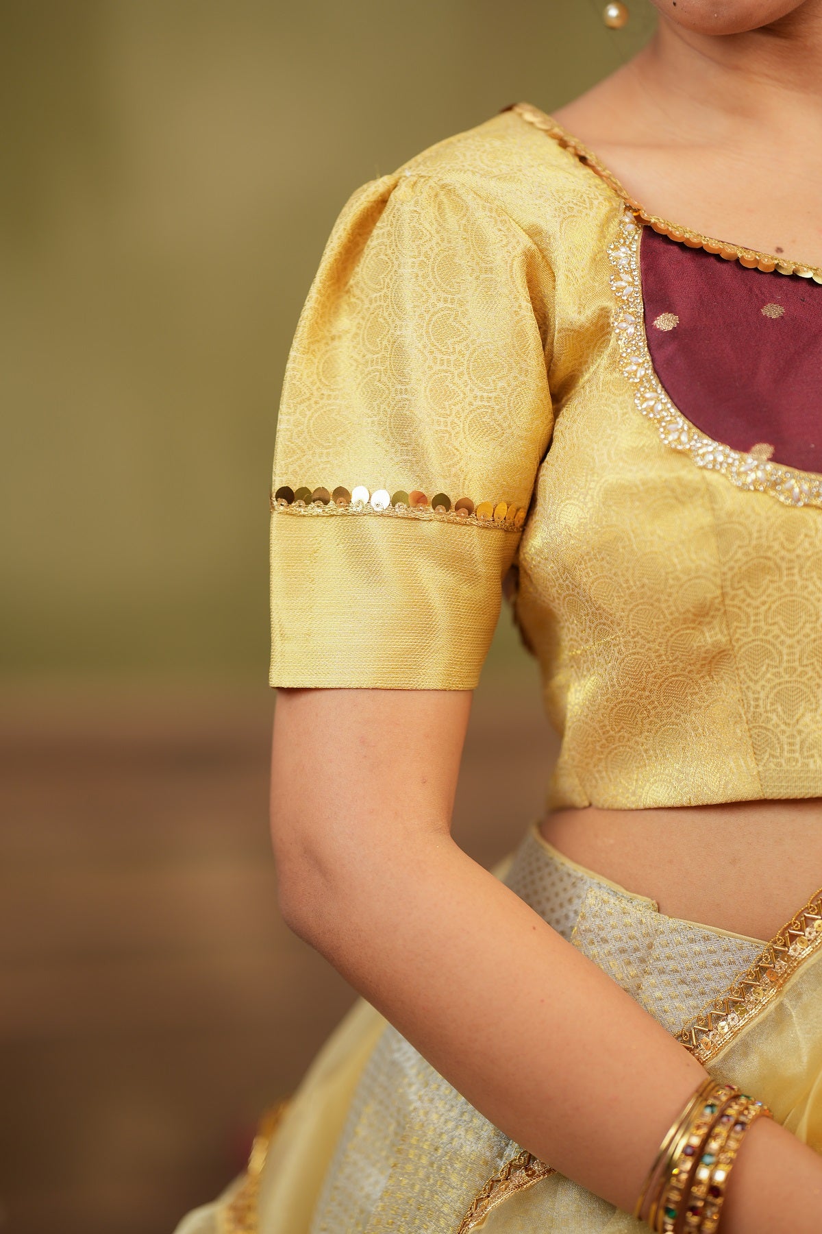 Vishnupriya | Tissue Silk Silver Lehenga Set in Golden For Festive Looks