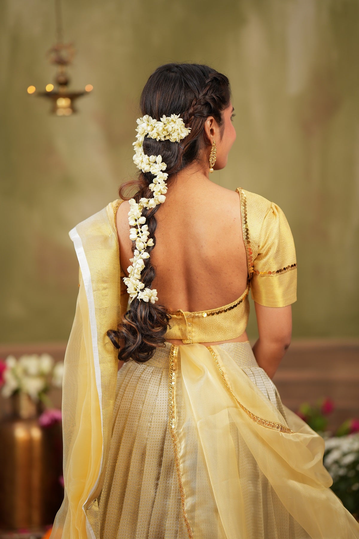 Vishnupriya | Tissue Silk Silver Lehenga Set in Golden For Festive Looks