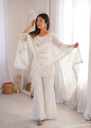 Elegant White Embroidered Chinon Kurti Sharara Set with Dupatta for Women | Party & Wedding Wear by Jagraa