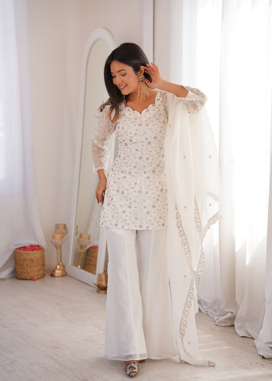 Elegant White Embroidered Chinon Kurti Sharara Set with Dupatta for Women | Party & Wedding Wear by Jagraa